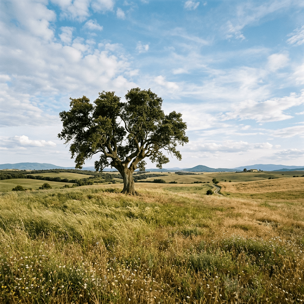 Single large tree in green and yellow grassland with distant hills and blue sky